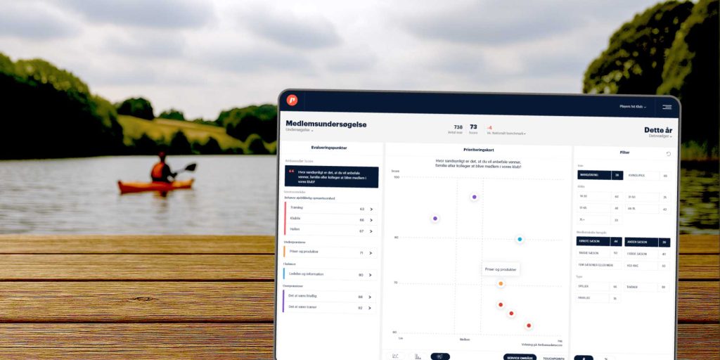 Computer der står på et bord foran en sø med en kajakroer på