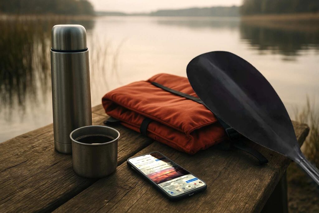 mobiltelefon med Facebook ligger på et bord med en sø i baggrunden